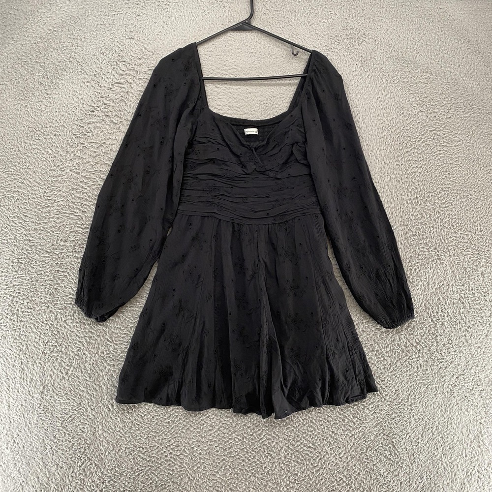 Hollister Babydoll Dress Womens Large Black Floral Eyelet Square Neck Milkmaid